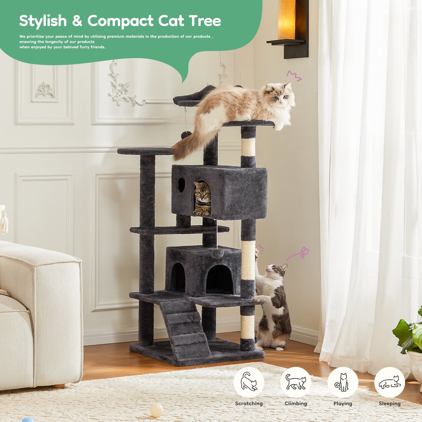 54in Cat tree, indoor cat high-rise multi-story tower