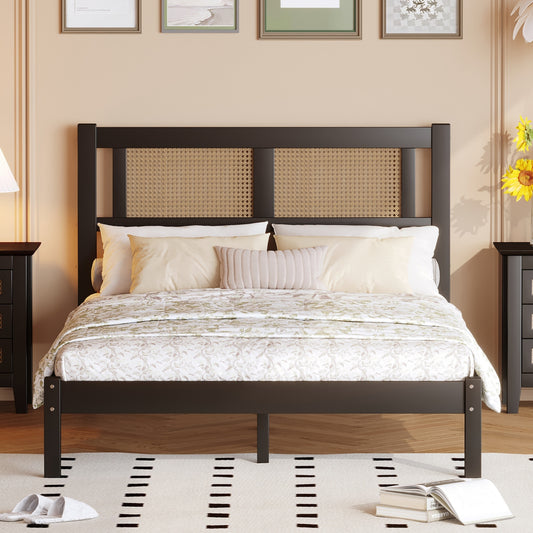 Full Size Wooden Platform Bed with Natural Rattan Headboard