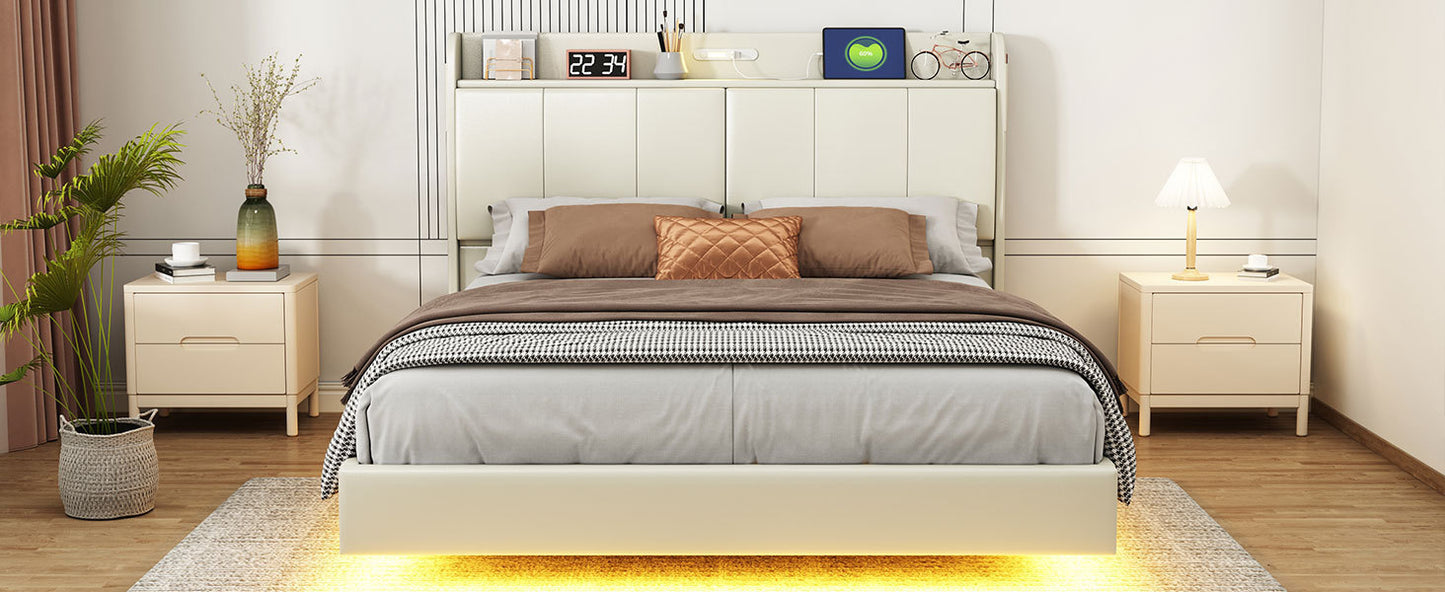 Queen Size Floating Bed Frame with Storage Headboard