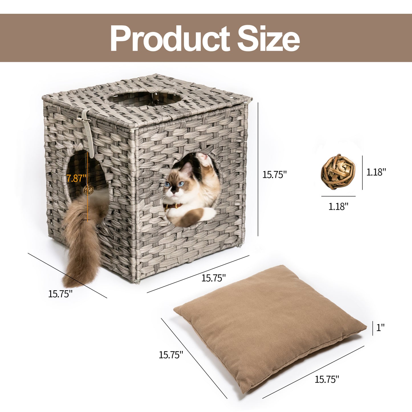 Rattan Cat Litter,Cat Bed with Rattan Ball and Cushion（Grey） - Ukerr Home