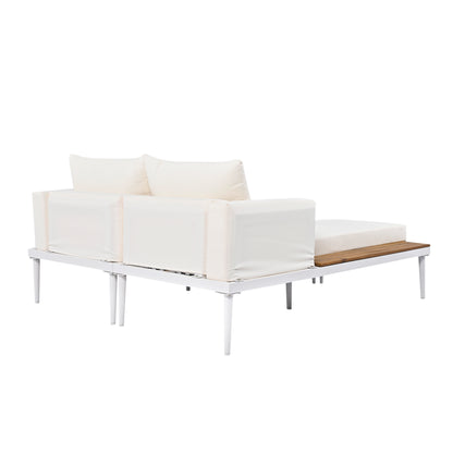 Modern Outdoor Daybed Patio Metal Daybed with Wood Topped Side Spaces for Drinks(Beige) - Ukerr Home