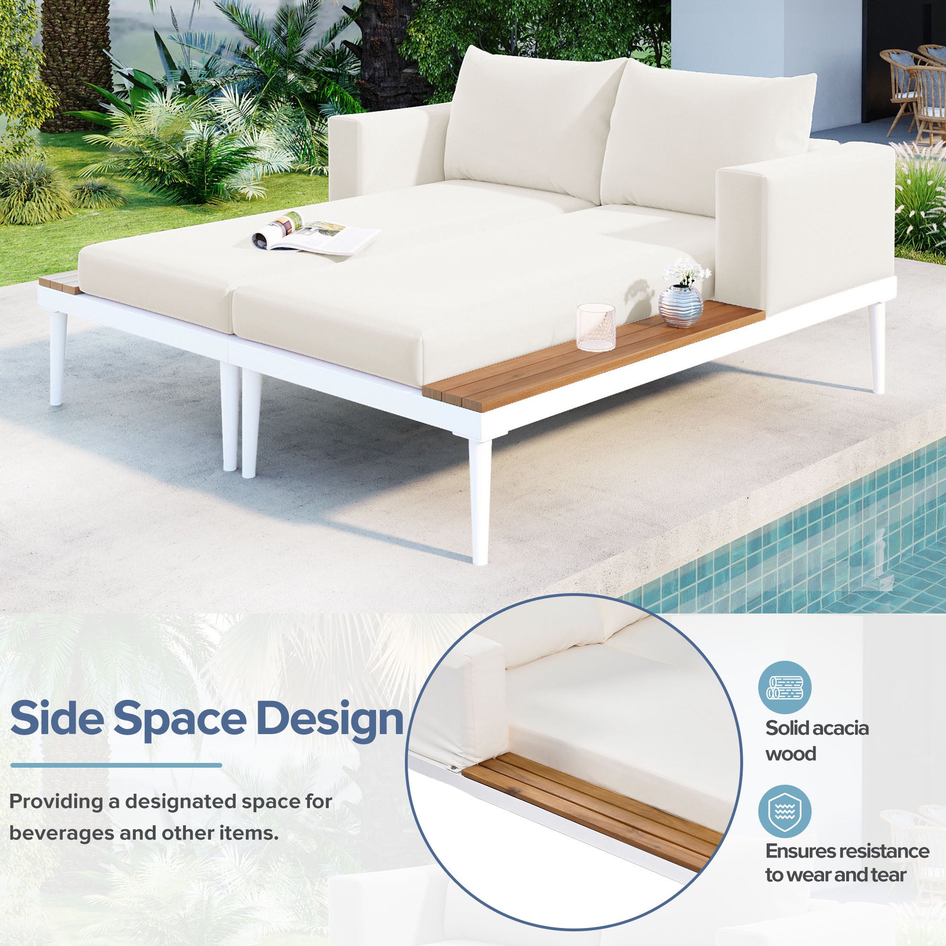 Modern Outdoor Daybed Patio Metal Daybed with Wood Topped Side Spaces for Drinks(Beige) - Ukerr Home