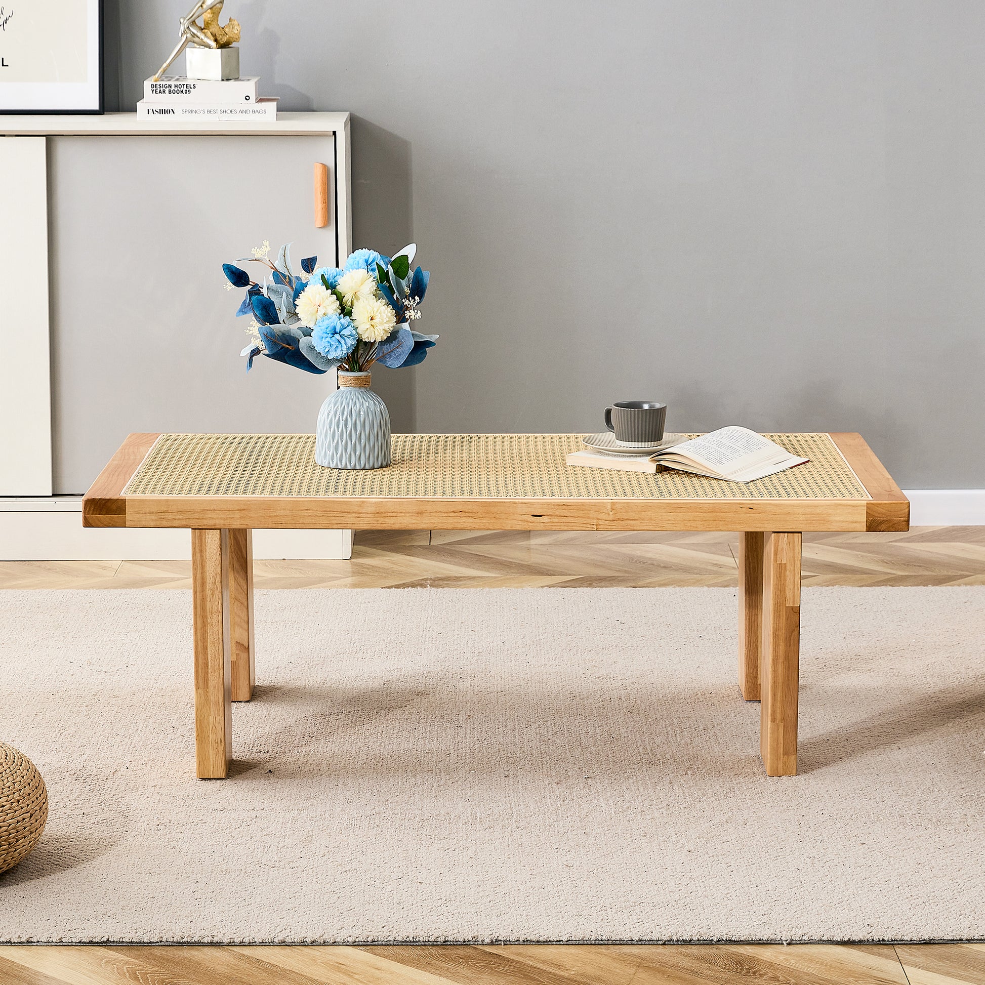Rectangular rattan tabletop with rubber wooden legs - Ukerr Home