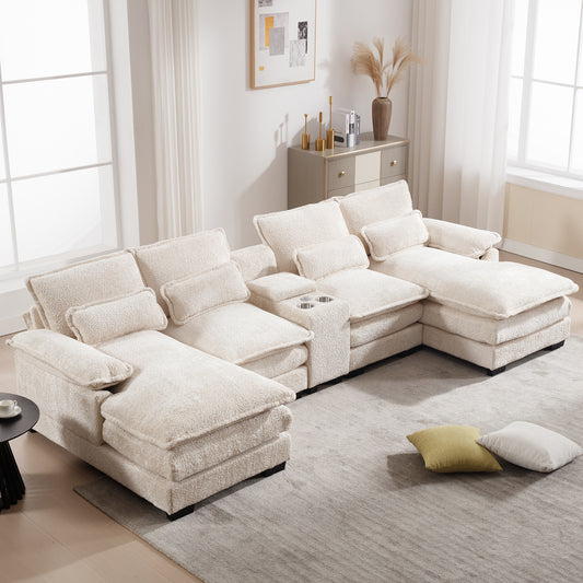 U-shaped Sofa Couch with Console  Beige