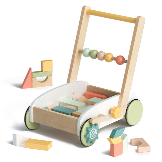 Wooden Baby Walker with Building Blocks, Push Toys for Babies Learning to Walk - Ukerr Home
