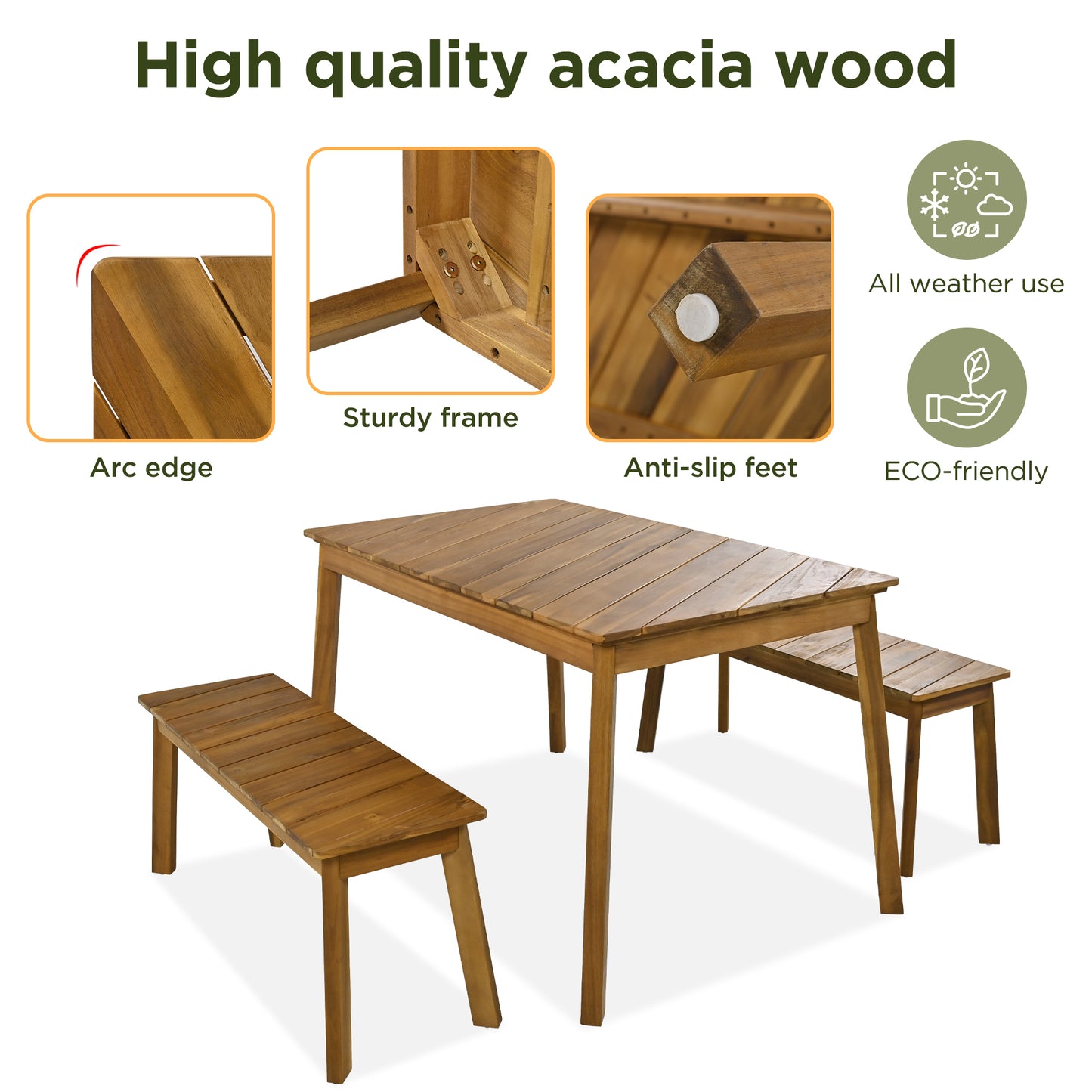 3 Pieces Acacia Wood Table Bench Dining Set - Ukerr Home