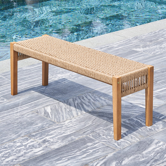 Loveseat  Patio Acacia Wood Mixed Strapped Rattan Garden Bench - Ukerr Home