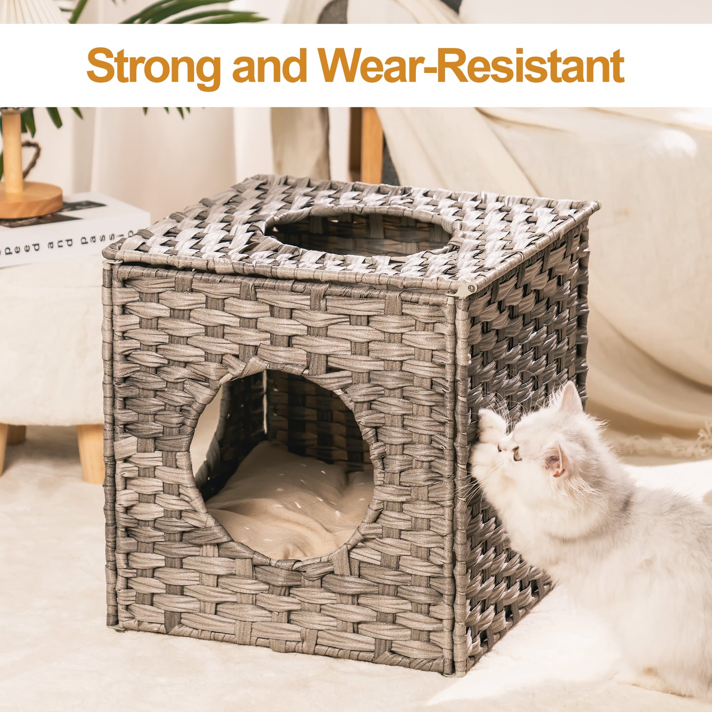 Rattan Cat Litter,Cat Bed with Rattan Ball and Cushion（Grey） - Ukerr Home