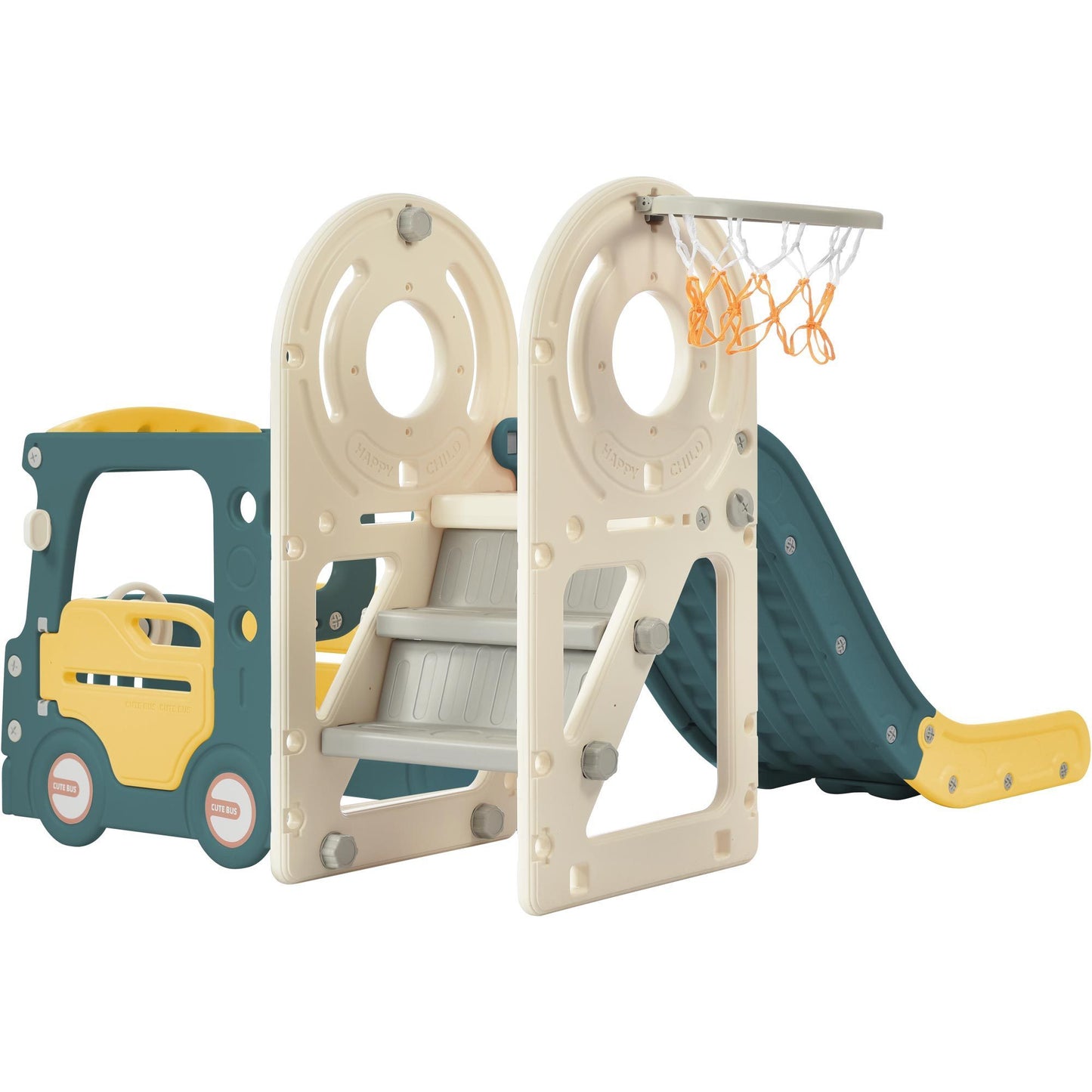Kids Slide with Bus Play Structure and Basketball Hoop - Ukerr Home