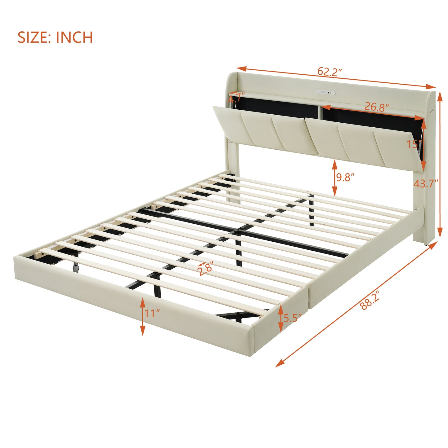 Queen Size Floating Bed Frame with Storage Headboard