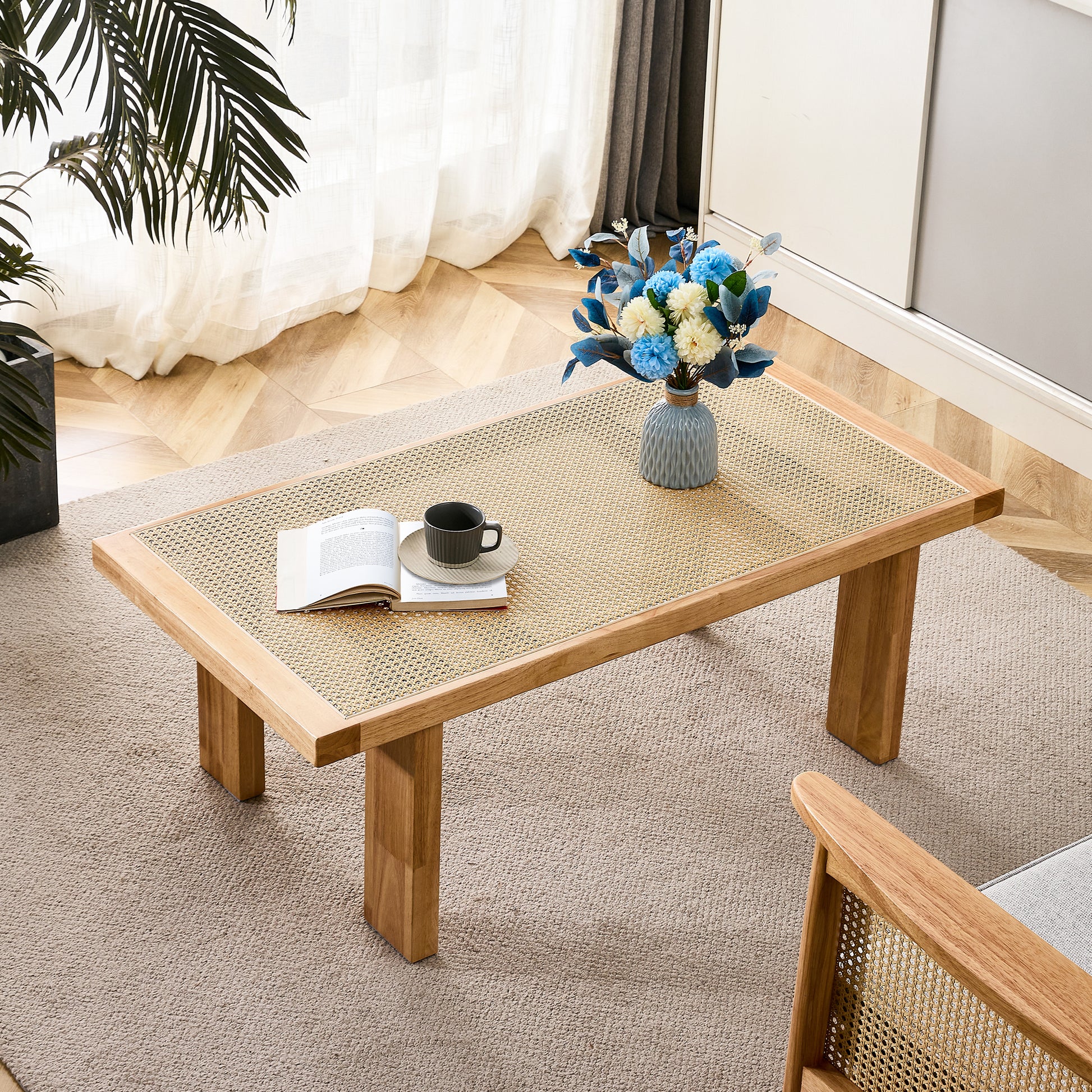 Rectangular rattan tabletop with rubber wooden legs - Ukerr Home
