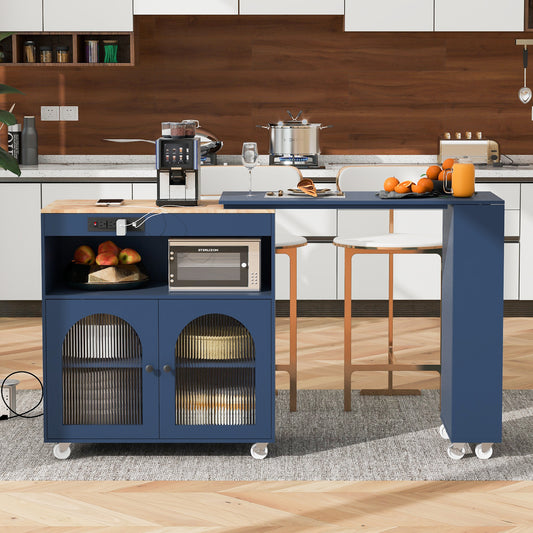 Rolling Kitchen Island With Extended Table(Navy Blue)