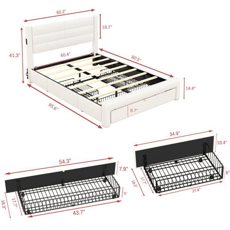 Queen Size Bed Frame with Drawers Storage