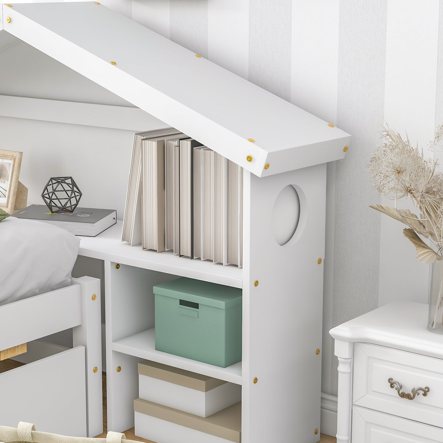 Twin Storage House Bed for kids with Bedside Table  White