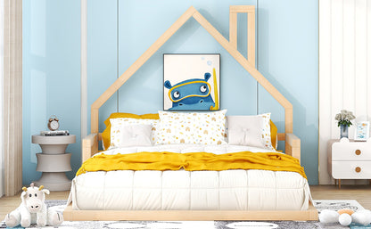 Full size wood floor bed with house-shaped headboard - Ukerr Home