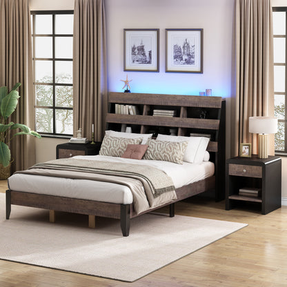 Queen Bed Frame with Bookshelf and LED Lights and USB Port