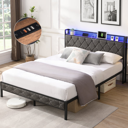 Full bed frame with storage headboard, charging station, and LED lights - Ukerr Home