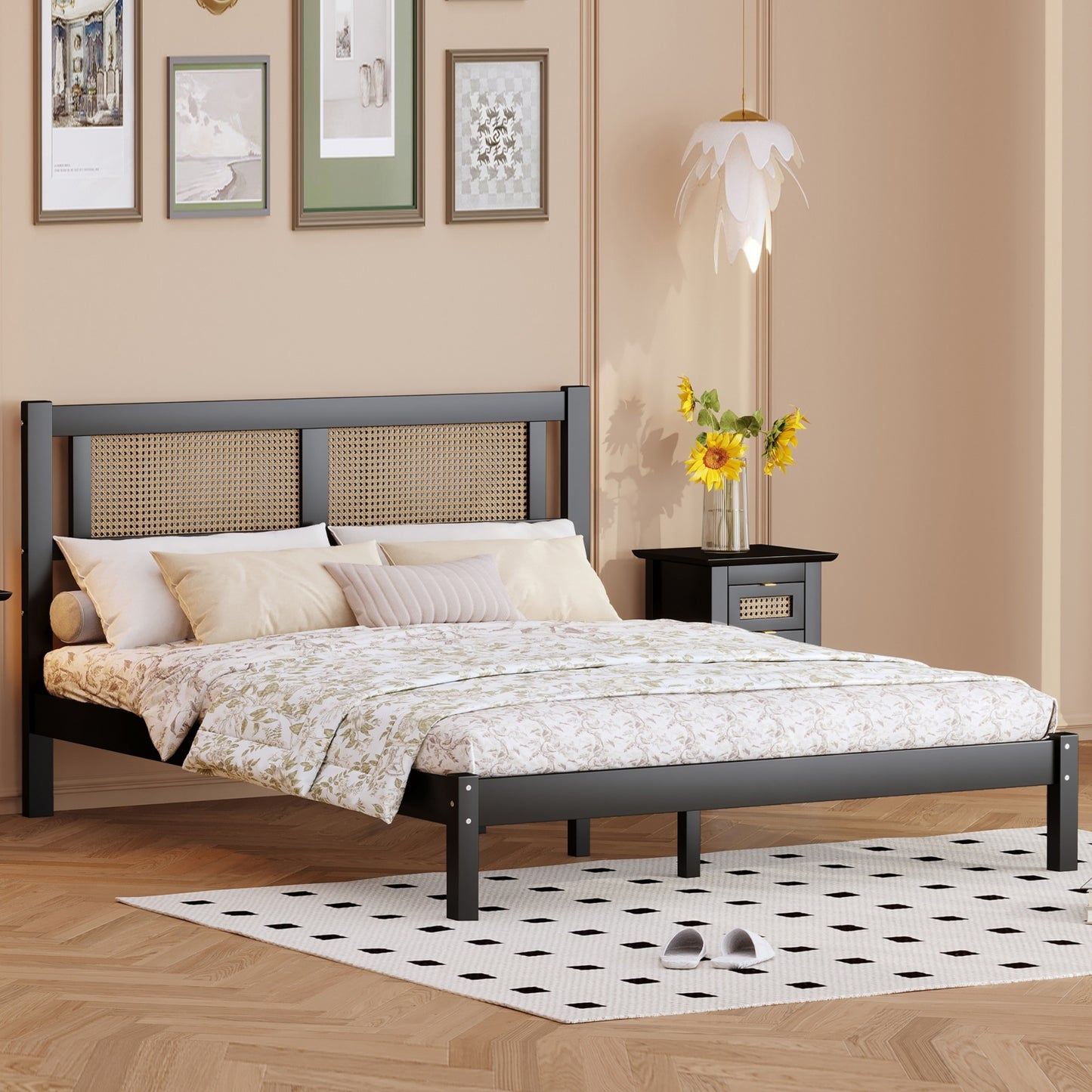 Full Size Wooden Platform Bed with Natural Rattan Headboard