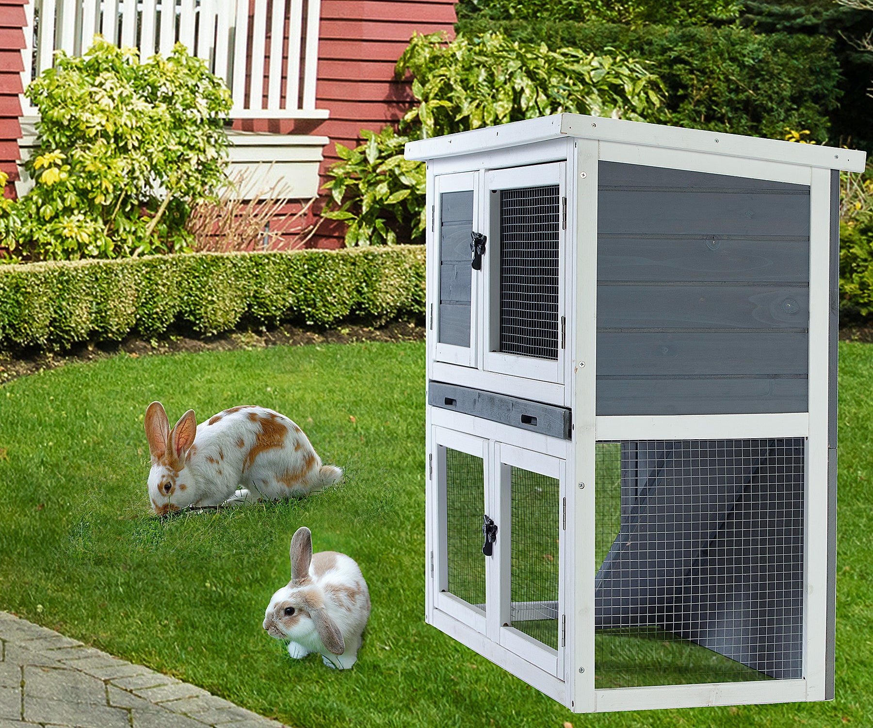 Two-layer solid wooden with easy clear tray for bunny rabbits Wooden Pet House - Ukerr Home