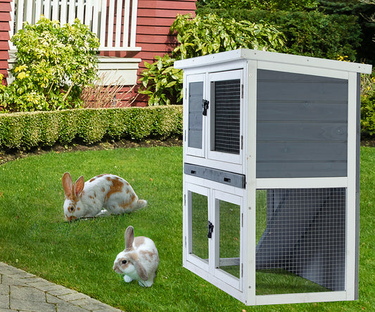 Two-layer solid wooden with easy clear tray for bunny rabbits Wooden Pet House - Ukerr Home