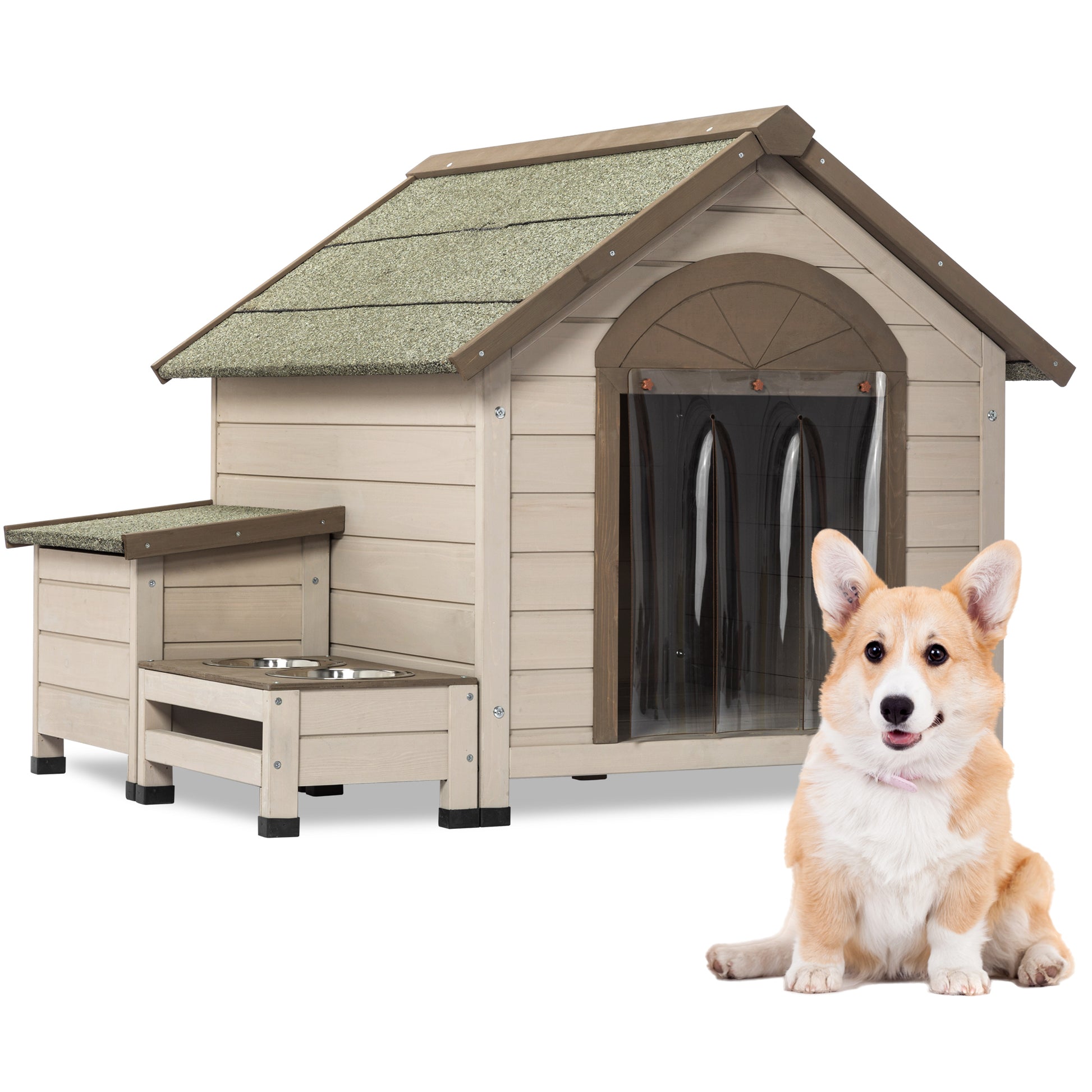 Outdoor fir wood Dog House with an open roof and storage box and 2 bowls - Ukerr Home
