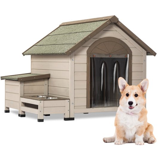 Outdoor fir wood Dog House with an open roof and storage box and 2 bowls - Ukerr Home