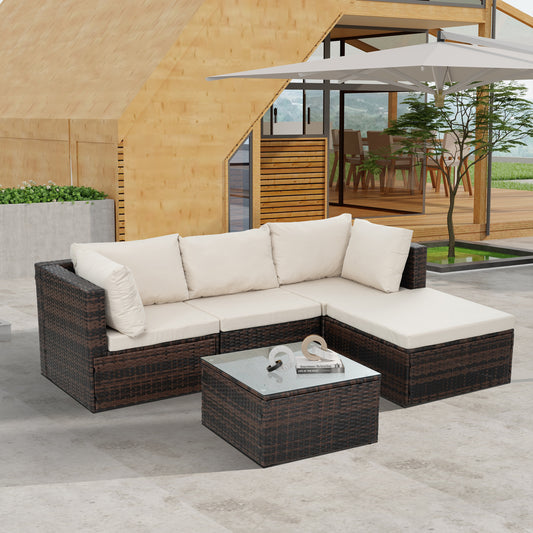 5 Set PE Wicker Patio Furniture With Tempered Glass Coffee Table