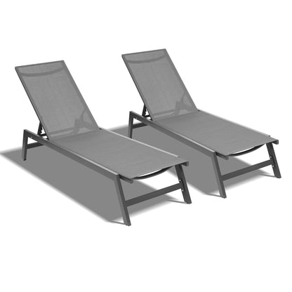 Outdoor 2-Pcs Set Chaise Lounge Chairs,Five-Position Adjustable Aluminum Recliner(Grey ) - Ukerr Home