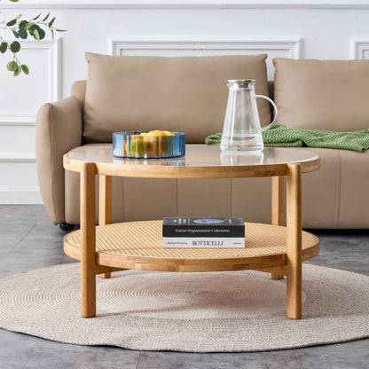 Solid Wood Rattan Tea Table: Circular, Double-Layer, Living/Dining Room - Ukerr Home