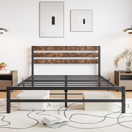 Queen Size Platform Bed Frame with Rustic Vintage Wood Headboard（Brown） - Ukerr Home