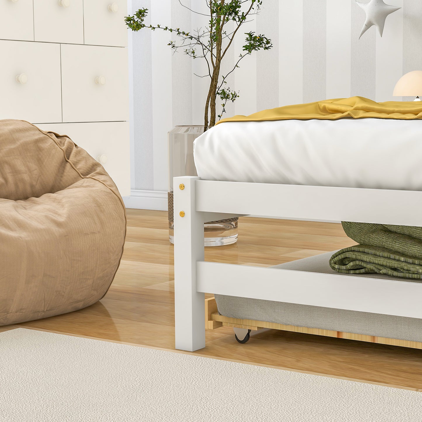 Twin Storage House Bed for kids with Bedside Table  White