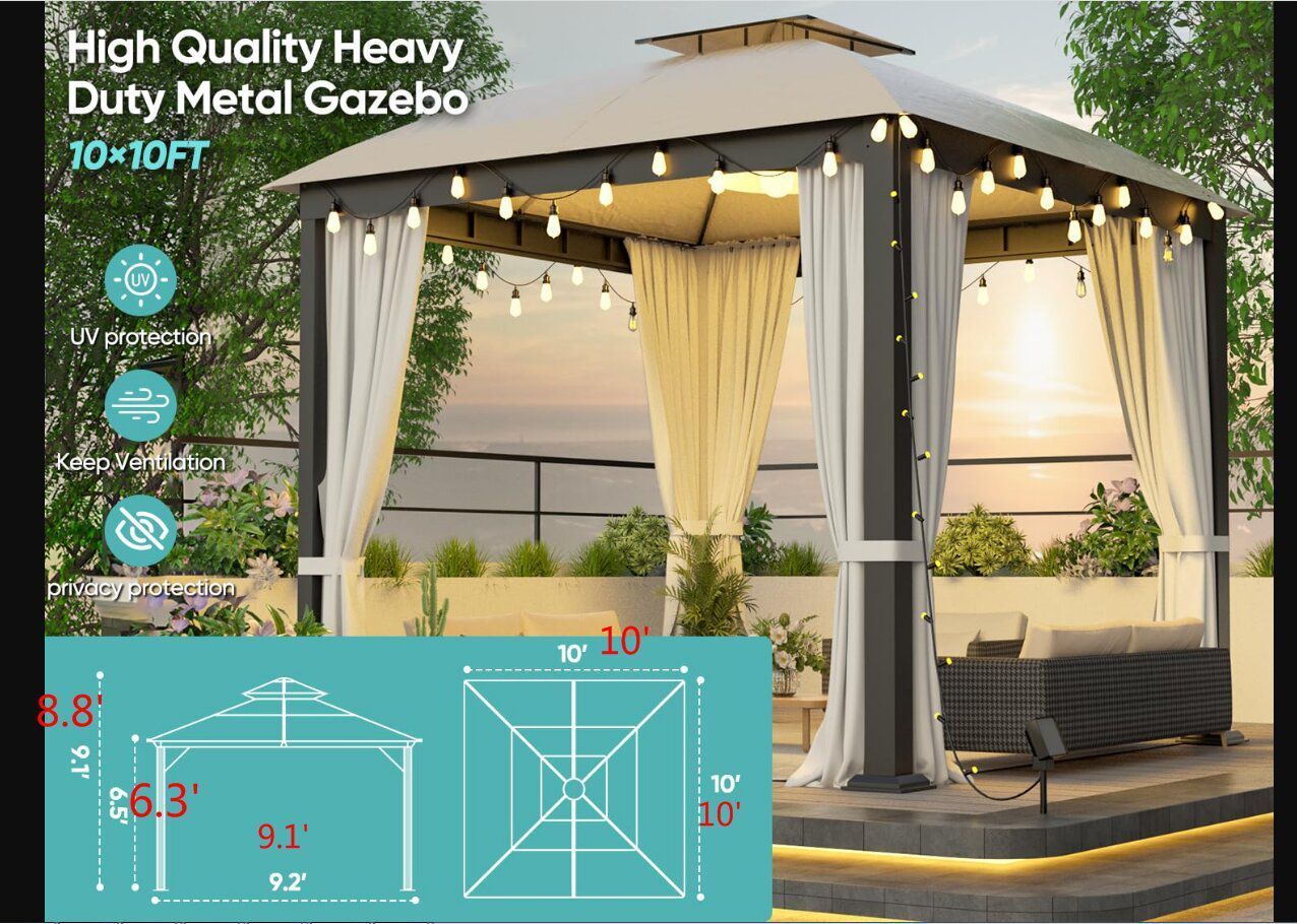 10*10 FT Softtop Metal Gazebo with Mosquito Net&Sunshade Curtains