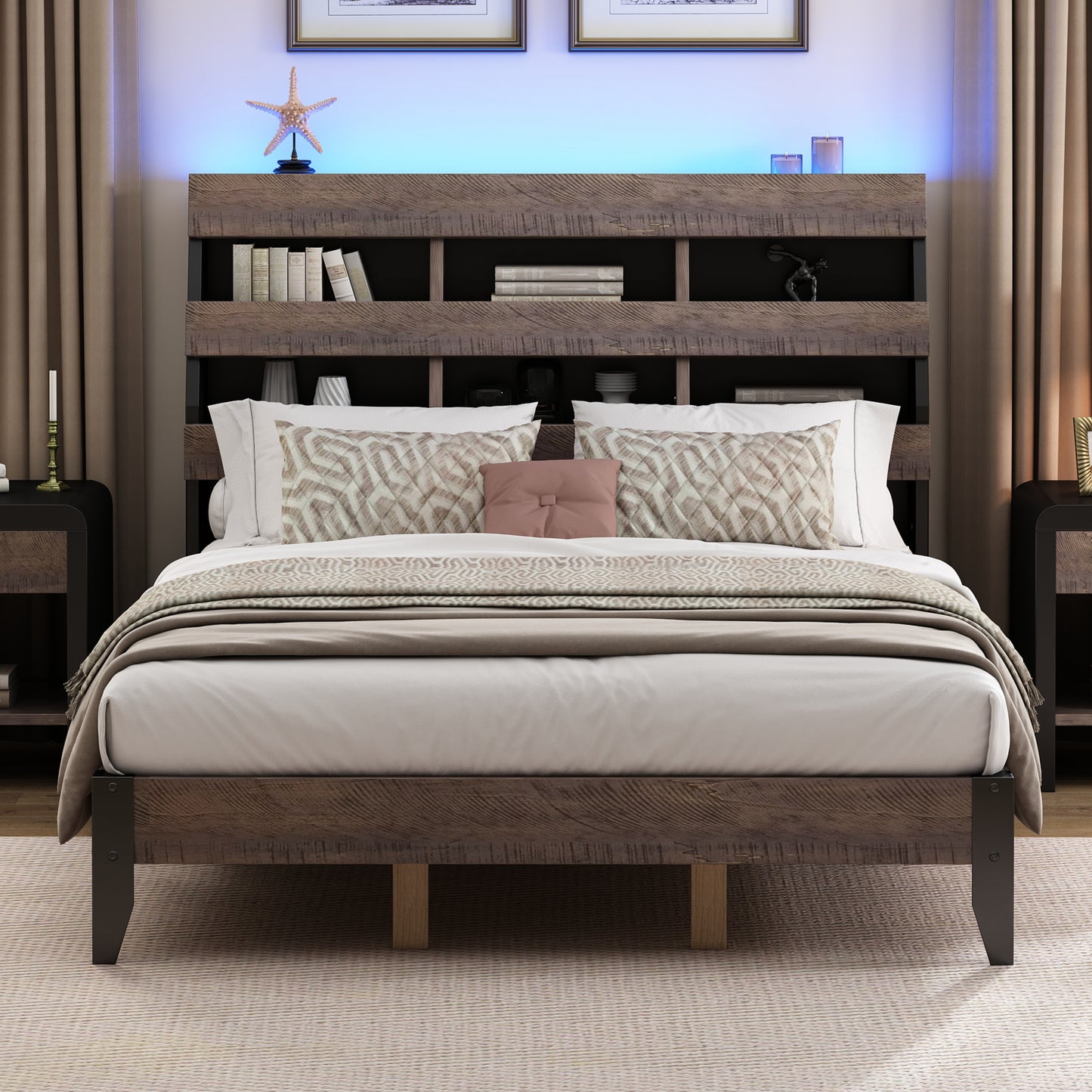 Queen Bed Frame with Bookshelf and LED Lights and USB Port