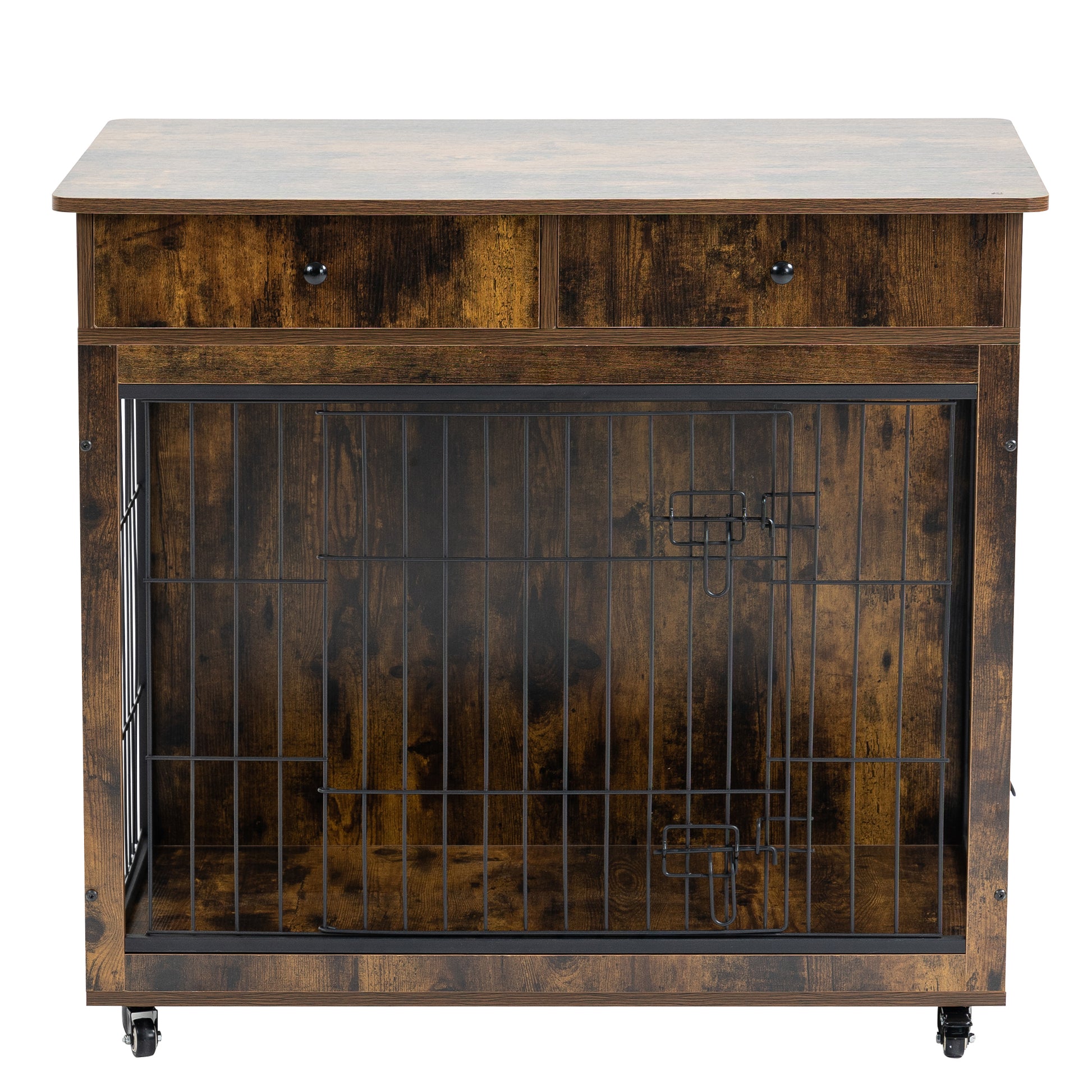 38.4" Wooden Dog Crate End Table with 2 Drawers - Ukerr Home