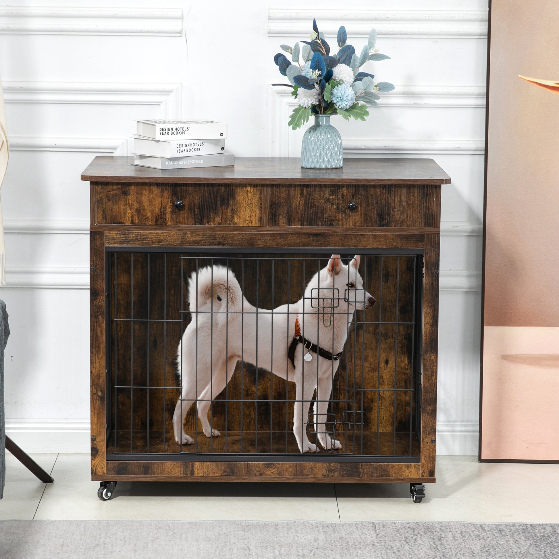 38.4" Wooden Dog Crate End Table with 2 Drawers - Ukerr Home