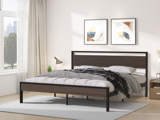 Metal Bed, Black with Walnut wood Headboard&Footboard, King - Ukerr Home