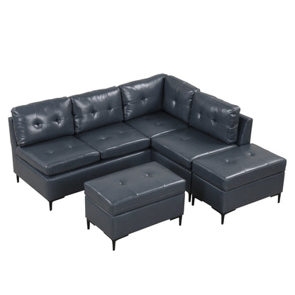 94.88" L-Shaped Corner Sofa Pu Leather Sectional Sofa Couch with Movable Storage Ottomans for Living Room, Blue