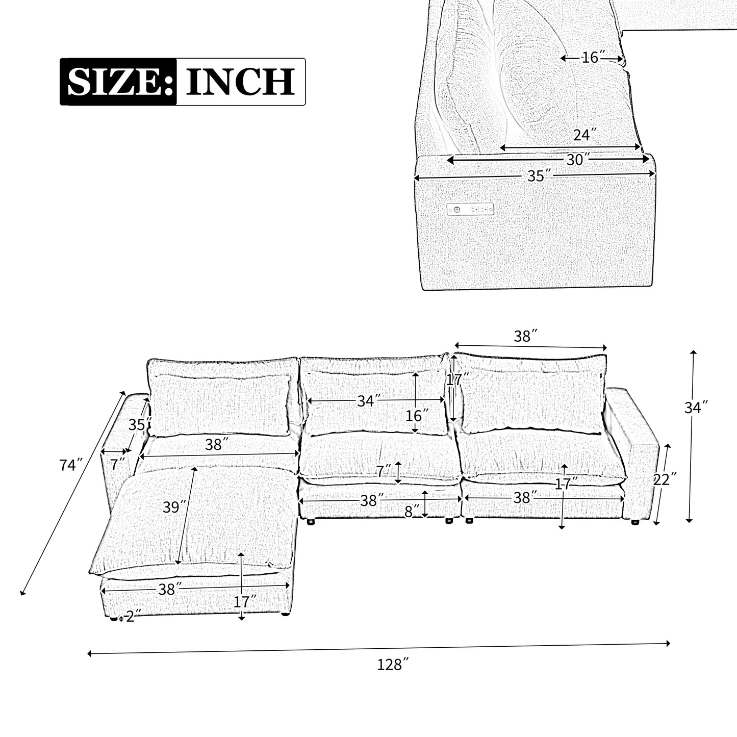 128" Sectional Sofa Cloud Sofa Chenille Upholstered Sofa  Couch